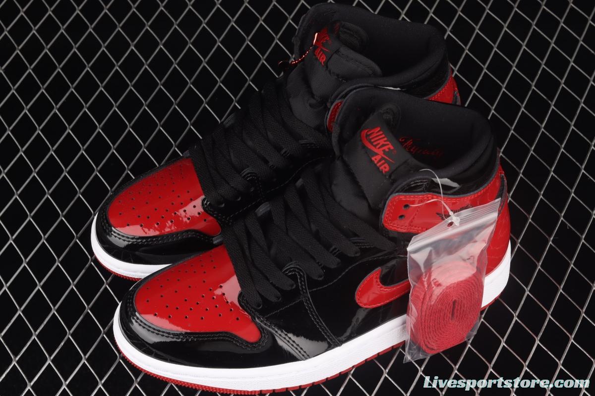 Air Jordan 1 High OG Bred Patent lacquered leather black and red high top basketball shoes 575441-063