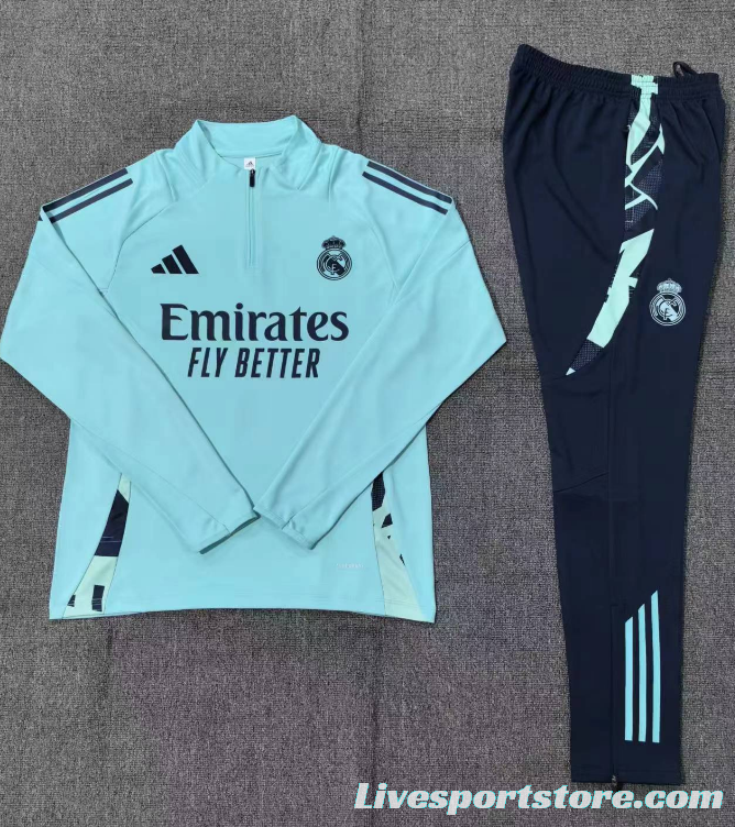 24/25 Kids Real Madrid Lake Blue Half Zipper Jacket+Long Pants