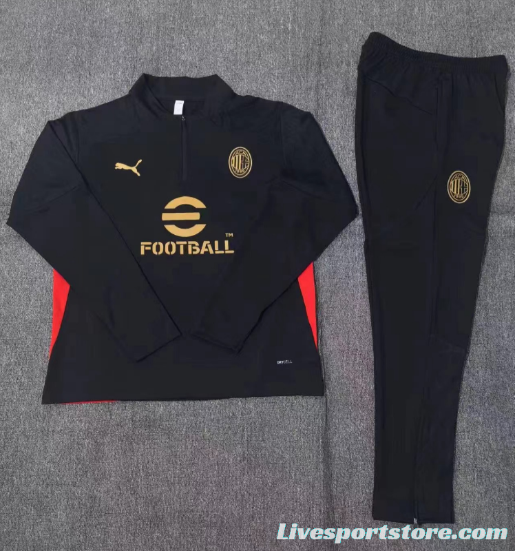 24/25 Kids AC Milan Black Half Zipper Jacket+Long Pants