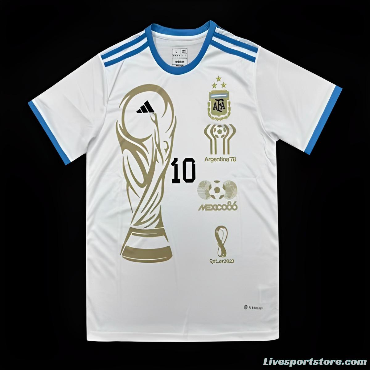 3 Stars Argentina White Training Jersey With Number 10 Printing