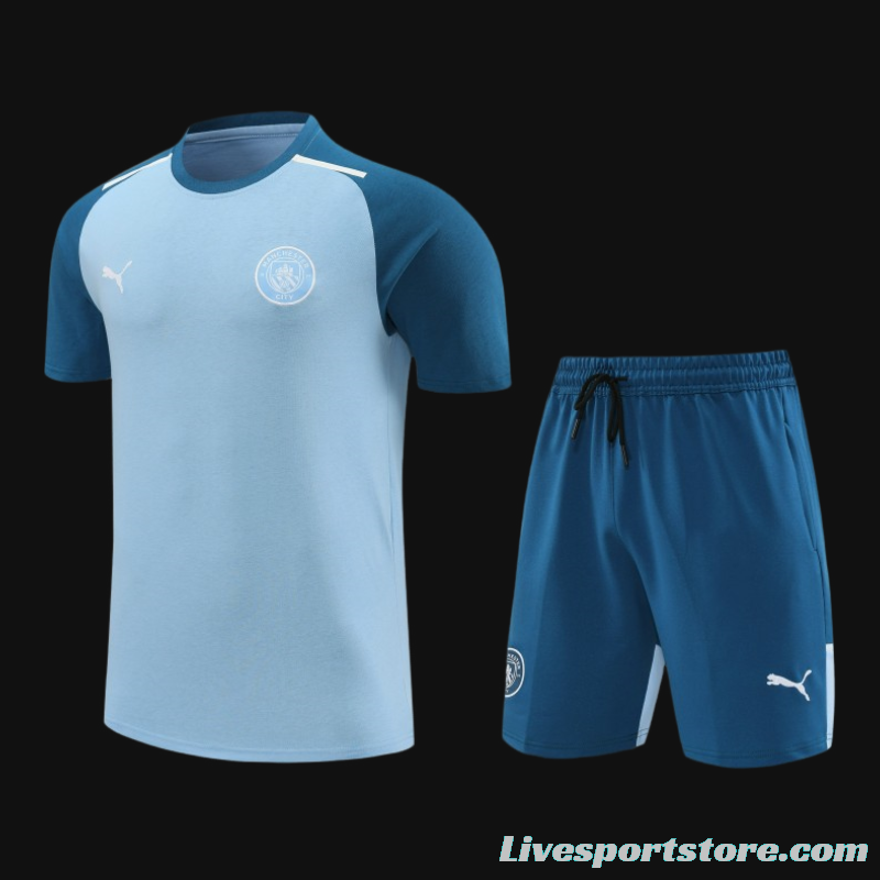 23/24 Manchester City Blue Cotton Short Sleeve Jersey+Shorts